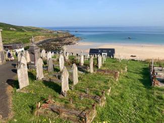 View over the cemetery looking out to the sea